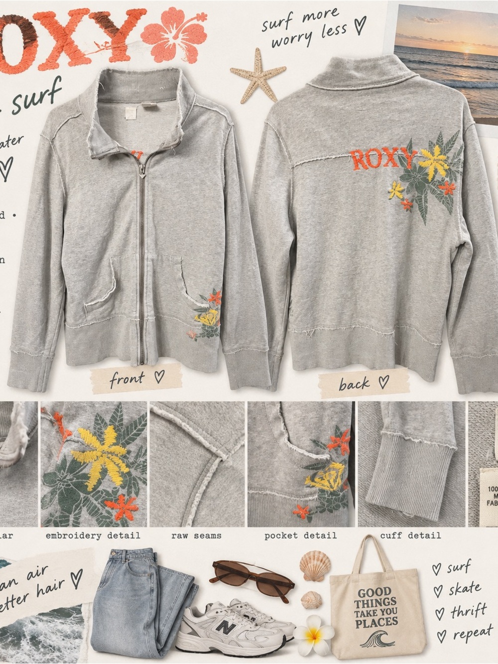 Roxy Gray Zip-Up Bomber Jacket with Yellow & Orange Floral Embroidery